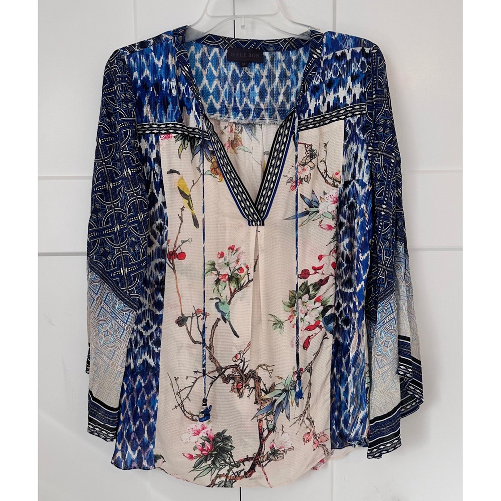 Hale Bob Mixed Print Floral Bird Tassel V-Neck Blouse Blue Cream Medium